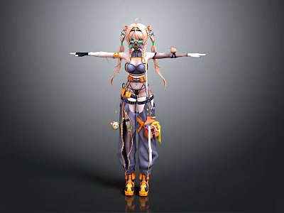 Anime Style 3D Character With Twin Tails Mechanical Outfit Orange And Gray Arms Stretched 3d model
