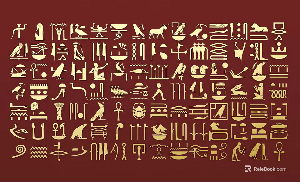 Ancient Egyptian Hieroglyphs Wall Decor with Golden Patterns on Red Background 3d model 