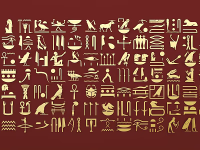 Ancient Egyptian Hieroglyphs Wall Decor with Golden Patterns on Red Background 3d model