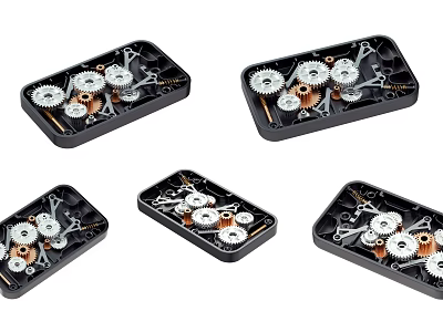 Industrial Equipment Parts With Metal Gears And Components Stored In Black Trays 3d model