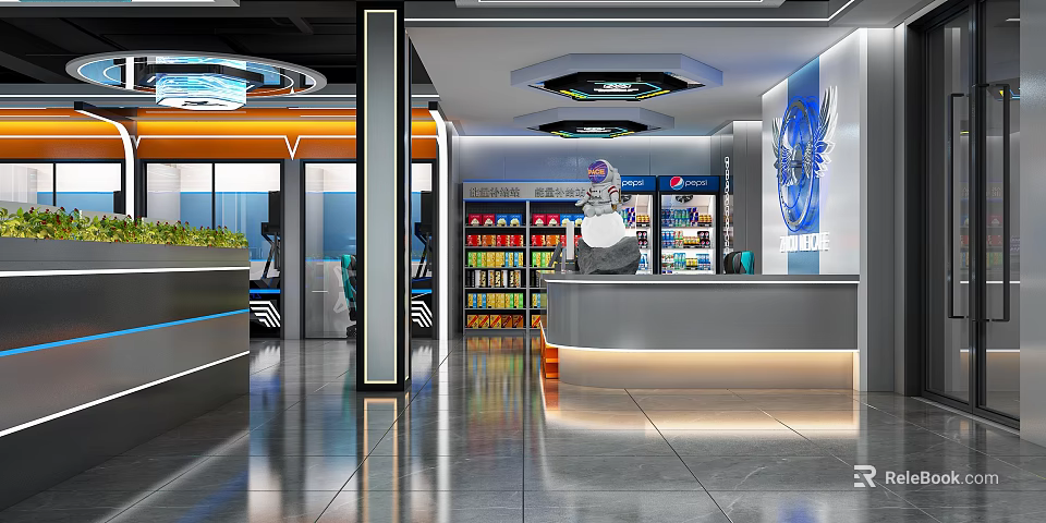 Modern Internet Cafe Interior With Reception Desk Vending Machines And Tech Lighting 3d model