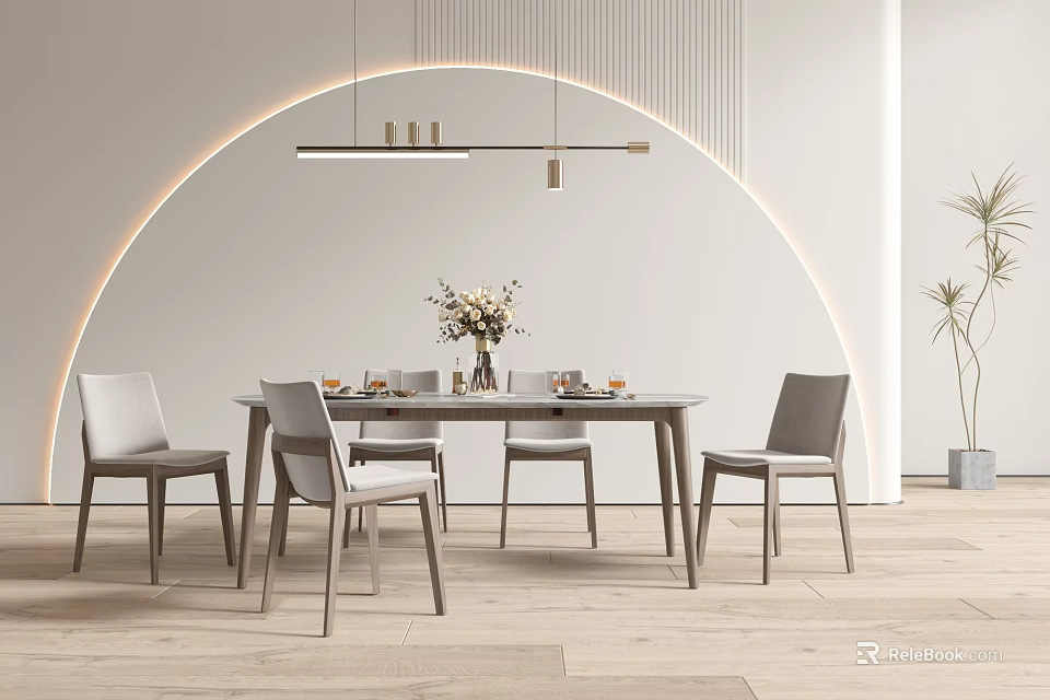 Modern Round Dining Table Set With Grey Chairs Arched LED Light And Minimalist Design 3d model