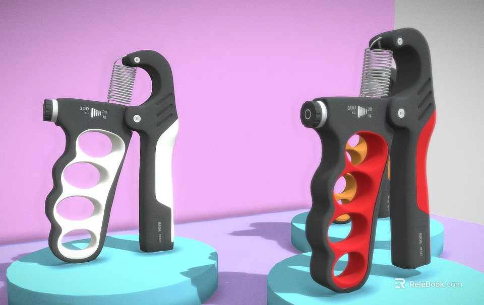 Grip Strengtheners in Black White Red on Blue Display Stands against Pastel Purple Pink Background 3d model 