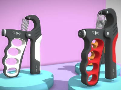 Grip Strengtheners in Black White Red on Blue Display Stands against Pastel Purple Pink Background 3d model