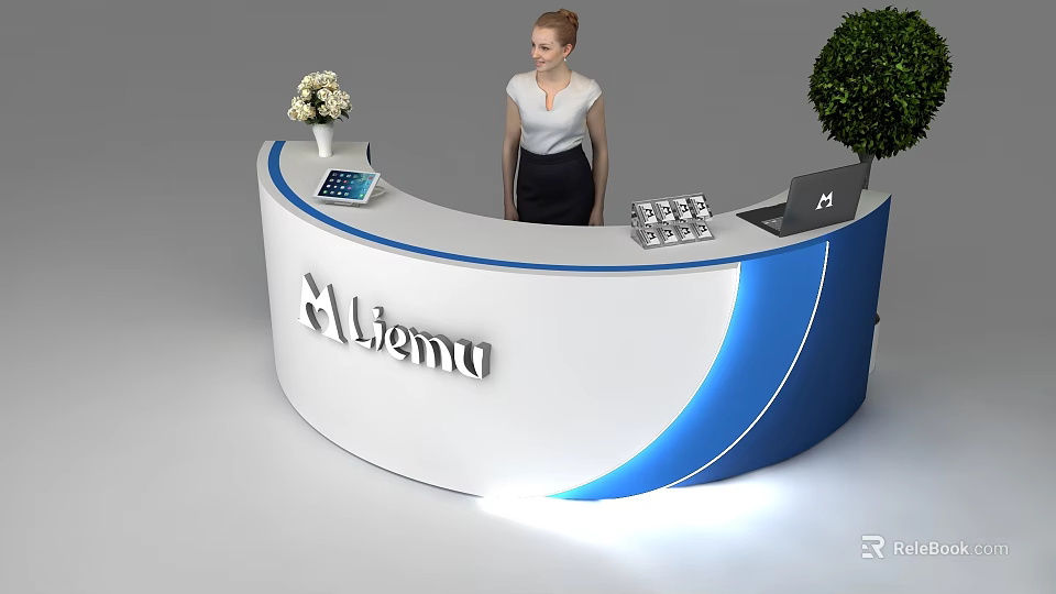 Alisma Curved Reception Desk With White Blue Design Tablet Flower Laptop And Green Plant 3d model 