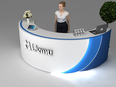 Alisma Curved Reception Desk With White Blue Design Tablet Flower Laptop And Green Plant 3d model