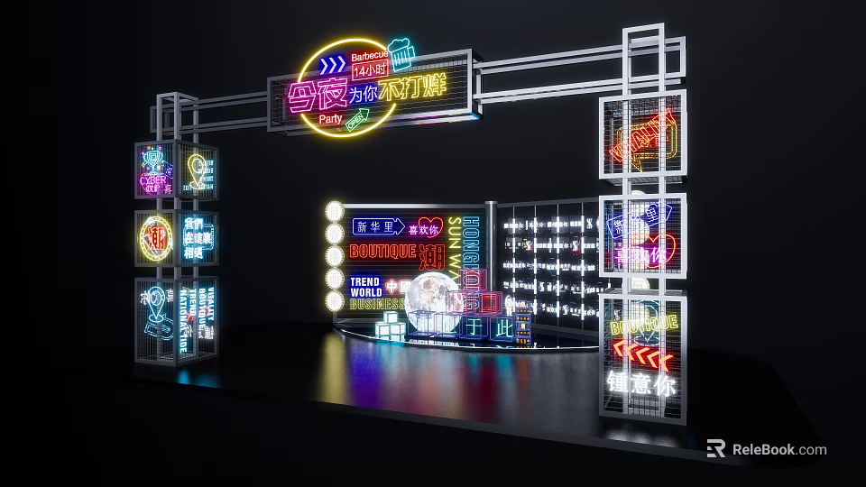 Modern Colorful Nighttime Photo Spot With Neon Lights Illuminated Signs And Decorative Frames 3d model 