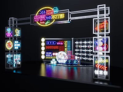 Modern Colorful Nighttime Photo Spot With Neon Lights Illuminated Signs And Decorative Frames 3d model
