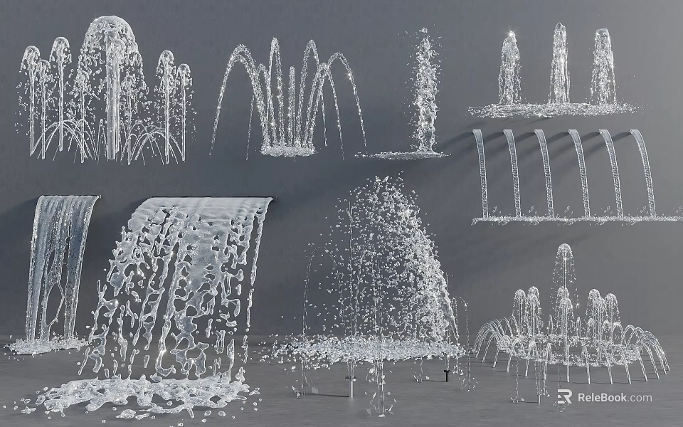 Water Fountains With Various Styles Including Water Curtains Arc Jets And Cascade Flows 3d model 