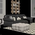 Black Leather Loveseat With Decorative Pillows And Brown Blanket In Cozy Living Room Snowy View
