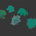 Colorful Trees with Yellow White Green Pink and Gray Foliage on Dark Background
