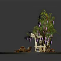 Cartoon Scene With Vine Covered Archway Purple Flowers Table Chairs And Little Figures On Round Platform