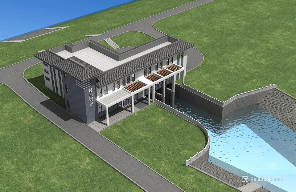 Modern Gray Roof Building With White Pillars Green Lawn Water Pool And Roadway 3d model 