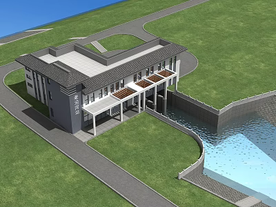 Modern Gray Roof Building With White Pillars Green Lawn Water Pool And Roadway 3d model