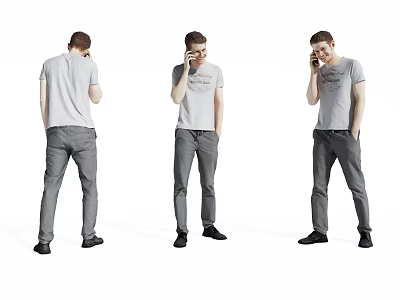 Man in Gray T-Shirt and Gray Pants Talking on Phone from Three Angles 3d model