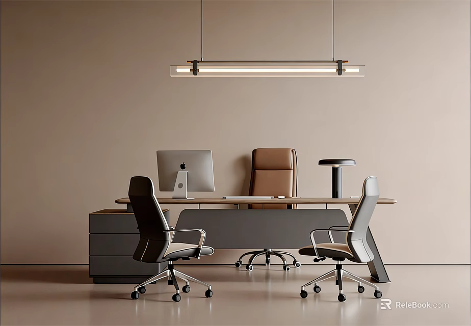 Modern Office Desk With Computer Monitor Brown Chair Drawer Cabinet And Hanging Lamp 3d model 