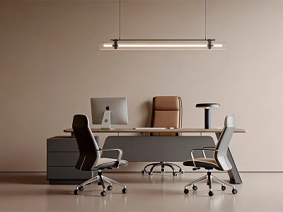 Modern Office Desk With Computer Monitor Brown Chair Drawer Cabinet And Hanging Lamp 3d model