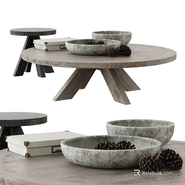 Rustic Round Wooden Coffee Table Setup With Decorative Bowls Pine Cones And Side Tables 3d model 