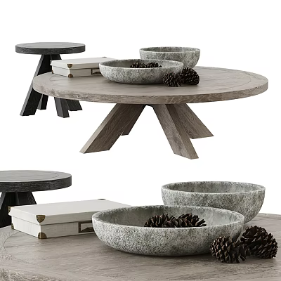 Rustic Round Wooden Coffee Table Setup With Decorative Bowls Pine Cones And Side Tables 3d model