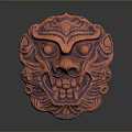 Traditional Red Carved Mask With Intricate Facial Patterns And Textured Details