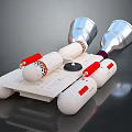 Technical Mechanical Assembly With Silver Horn Shaped Parts Red Accents And White Base