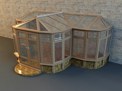 Wooden Frame Conservatory With Glass Roof Windows And Brick Wall Golden Base 3d model