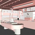 Pink Dessert Shop Interior Design With Open Bar Display Cabinets And Tables Chairs