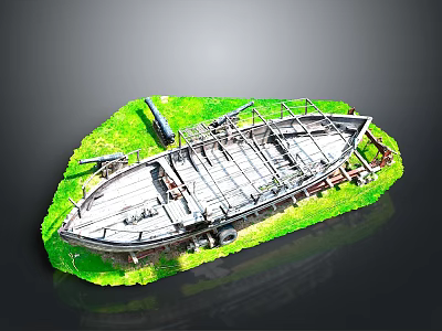 Old Wooden Boat With Green Grass Surrounding Metal Frames And Structures 3d model