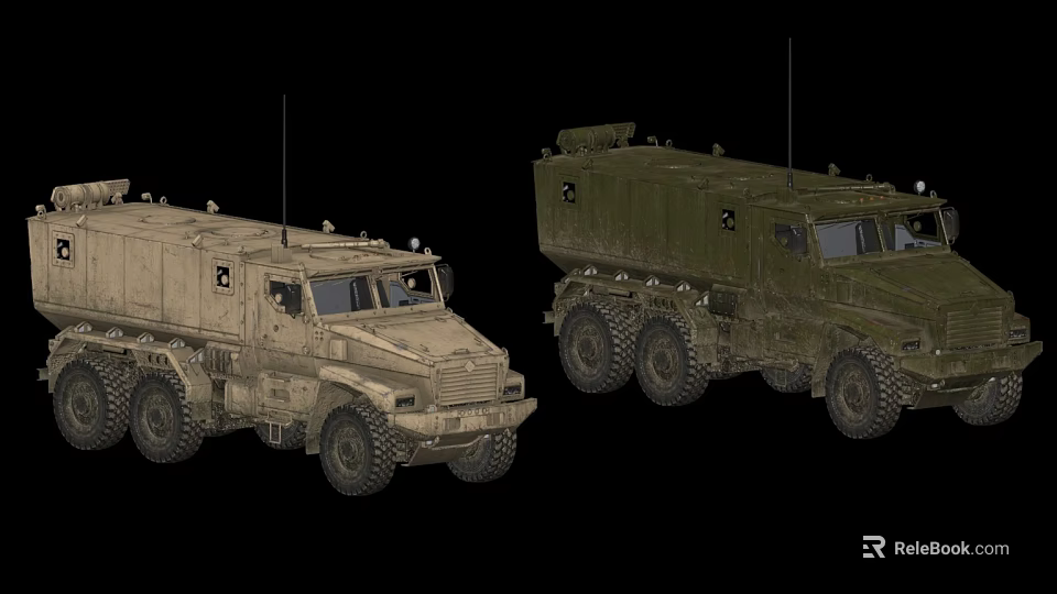 Two Military Style Off Road Utility Vehicles With Sand Green Colors And Antennas 3d model 