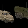 Two Military Style Off Road Utility Vehicles With Sand Green Colors And Antennas
