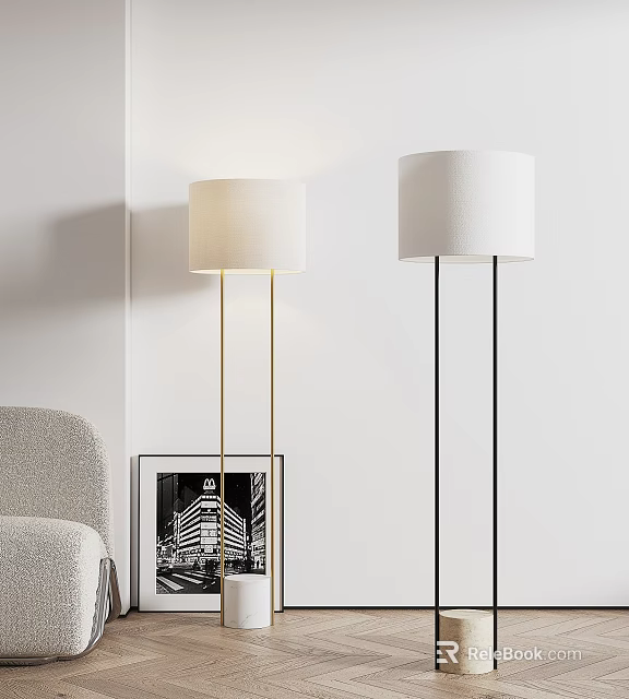 Modern Floor Lamps With White Shades Gold And Black Stands In Living Room 3d model 