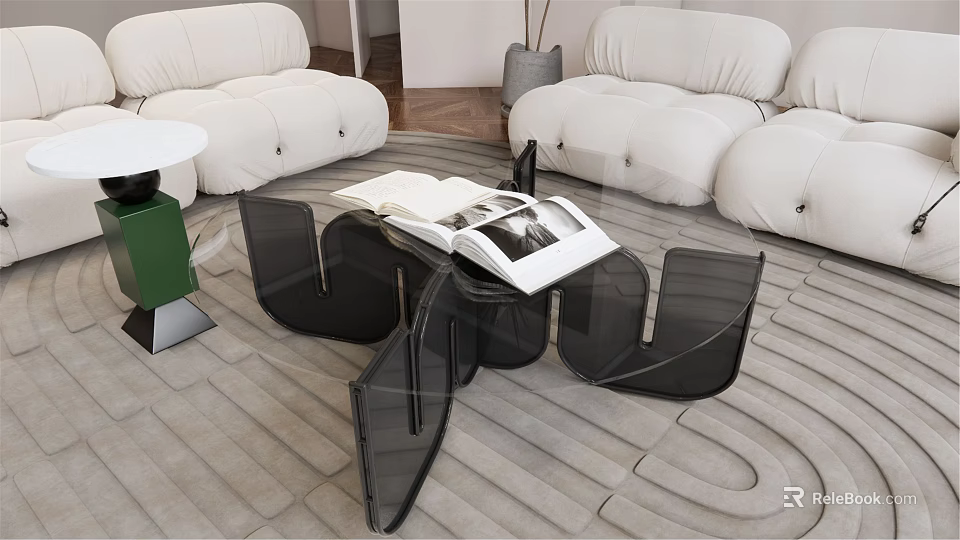 Modern White Sofa And Black Coffee Table Set With Open Book On Gray Rug 3d model 
