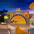 Sunset Party Outdoor Space With Stage Drums Straw Umbrellas Bean Bags And Surfboard