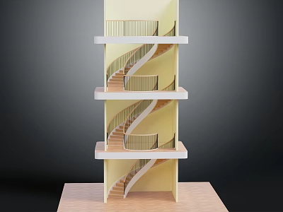 Detailed Spiral Staircase Model With Multi Level Platforms Wooden Steps White Railings And Yellow Walls 3d model