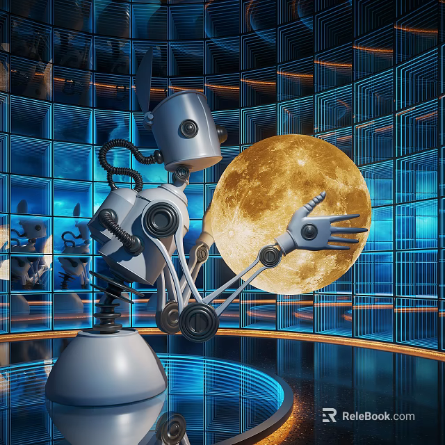 Intelligent Robot Reaching For Giant Moon Against Blue Grid Background In Futuristic Scene 3d model 