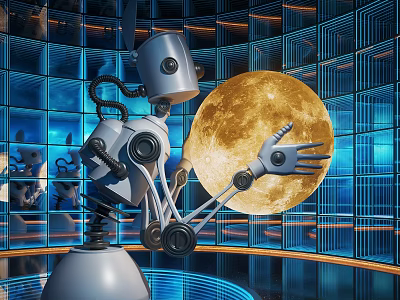 Intelligent Robot Reaching For Giant Moon Against Blue Grid Background In Futuristic Scene 3d model