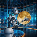 Intelligent Robot Reaching For Giant Moon Against Blue Grid Background In Futuristic Scene 3d model