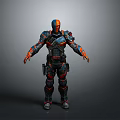 Detailed Armored Character With Orange Blue Tactical Armor And Standing Pose Design