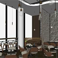 Modern Coffee Shop Interior With Large Windows Pendant Lights Stone Wall And Wooden Elements