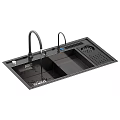 Black Kitchen Sink With Double Faucets Drainer Rack And Drainage Area