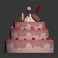 Three Tiered Pink Frosting Cake With Donut Red Decoration And Strawberry Shaped Toppings