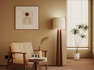 Beige Single Sofa With Side Table Vase Photo Frame Floor Lamp And Wall Art 3d model