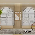 White Window Blinds Covering Arched Windows with Wooden Walls Decorative Art and Green Plant Chair