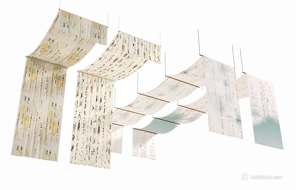 Elegant Hanging Ceiling Drapery With Decorative Fabric Patterns And Layers 3d model 