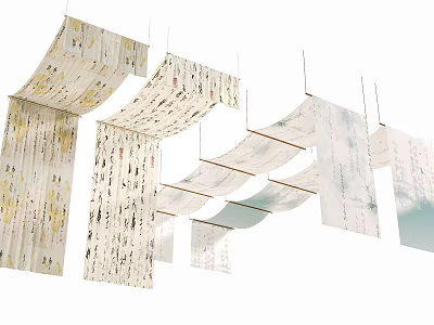 Elegant Hanging Ceiling Drapery With Decorative Fabric Patterns And Layers 3d model