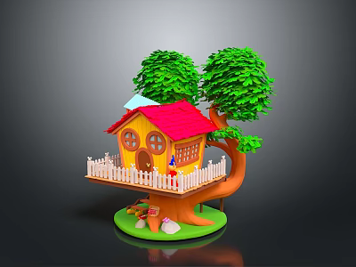 Treehouse With Red Roof Yellow Walls White Fence Surrounded By Two Trees And Base Decorations 3d model