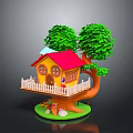Treehouse With Red Roof Yellow Walls White Fence Surrounded By Two Trees And Base Decorations
