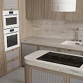 Modern Kitchen Interior With Wooden Cabinets Marble Countertop Island And White Range Hood