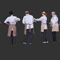 Six Kitchen Staff in Aprons and Caps Holding Pots and Cooking Utensils