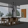Modern Restaurant Interior With Wooden Table Beige Chairs Pendant Light White Curtains And Wall Artwork